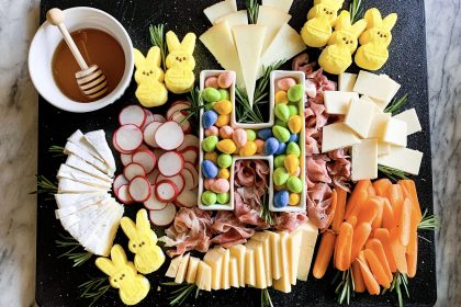 charcuterie board with easter candy on a marble background